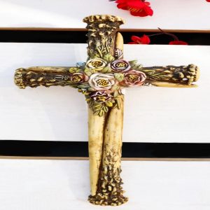 Rustic Western Stag Deer Bone Antlers With Burr Floral Blooms Wall Cross Decor