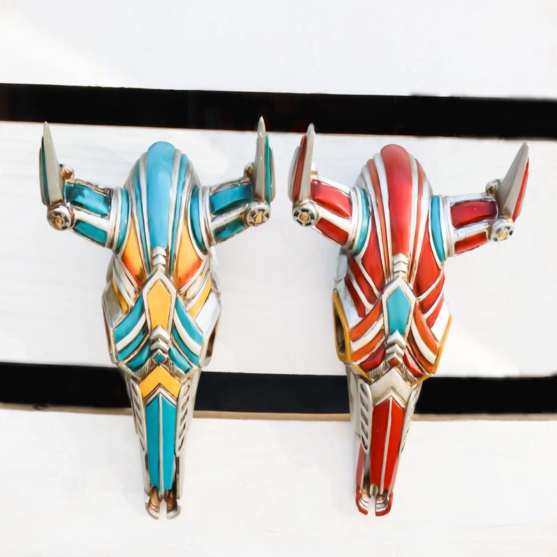 Set of 2 Red and Blue Western Robotic Cyborg Horned Cow Skull Wall Decors