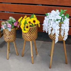 Set of 3 Hand Woven Natural Bamboo And Fir Legs Raised Floor Storage Baskets