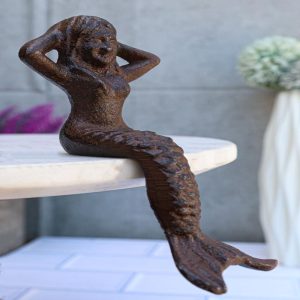Small Nautical Siren Mermaid Venus Making Up Hair Cast Iron Rustic Sculpture