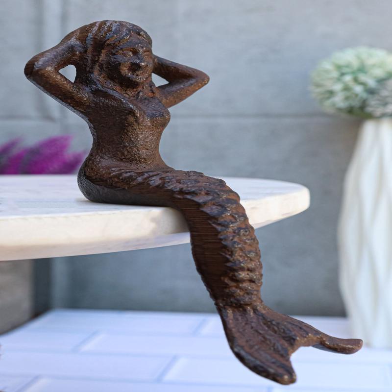 Small Nautical Siren Mermaid Venus Making Up Hair Cast Iron Rustic Sculpture