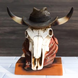 Western Cowboy Horned Cow Skull with Hat and Bandana Scarf Desktop Figurine