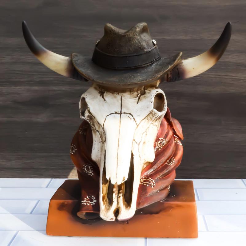 Western Cowboy Horned Cow Skull with Hat and Bandana Scarf Desktop Figurine