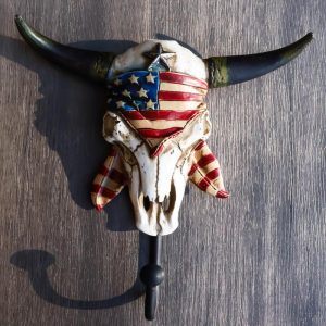 Western Star Patriotic American Flag Cow Skull With Feathers Single Wall Hook