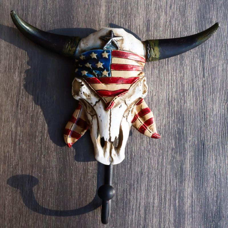 Western Star Patriotic American Flag Cow Skull With Feathers Single Wall Hook