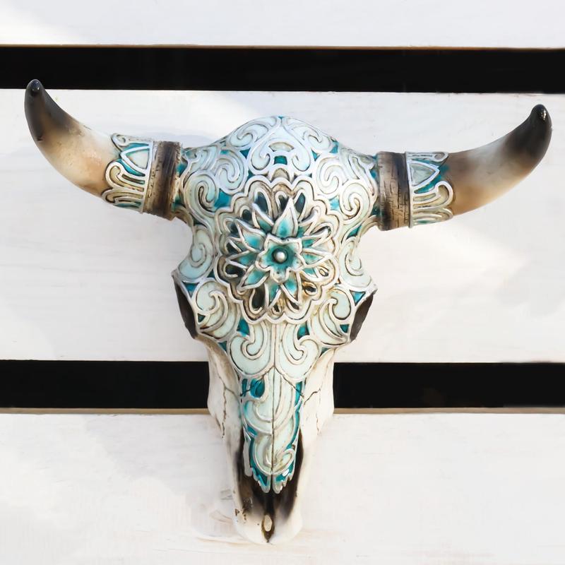 Western Turquoise Floral Horned Cow Skull Wall Decor Plaque