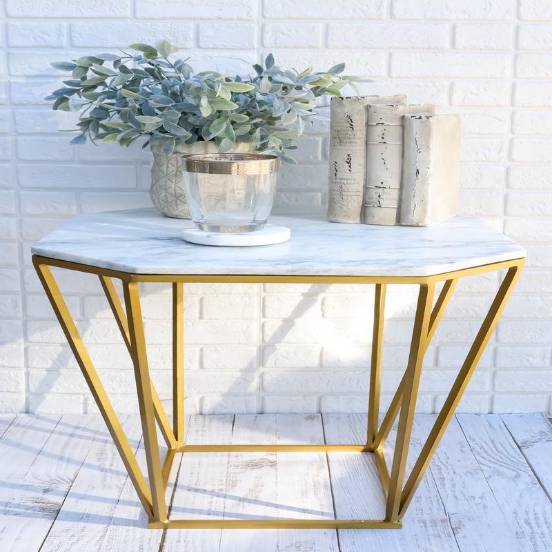 Contemporary Brushed Gold Metal With Natural Marble Top Octagonal Side Table
