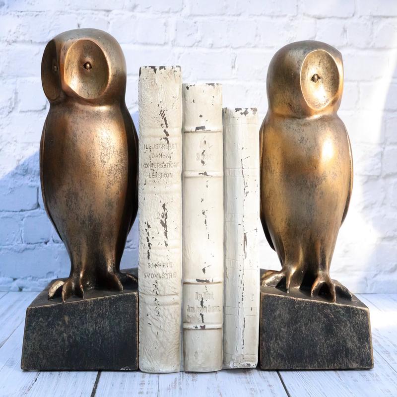 Faux Bronze Wise Forest Barn Owls On Pedestals Bookends Pair Set Figurines