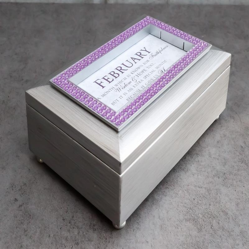 February Birthday Purple Amethyst Birthstones Silver Tone Musical Trinket Box