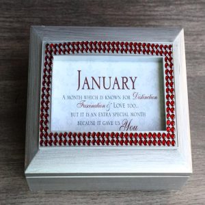 January Birthday Month Red Garnet Birthstones Silver Tone Musical Trinket Box