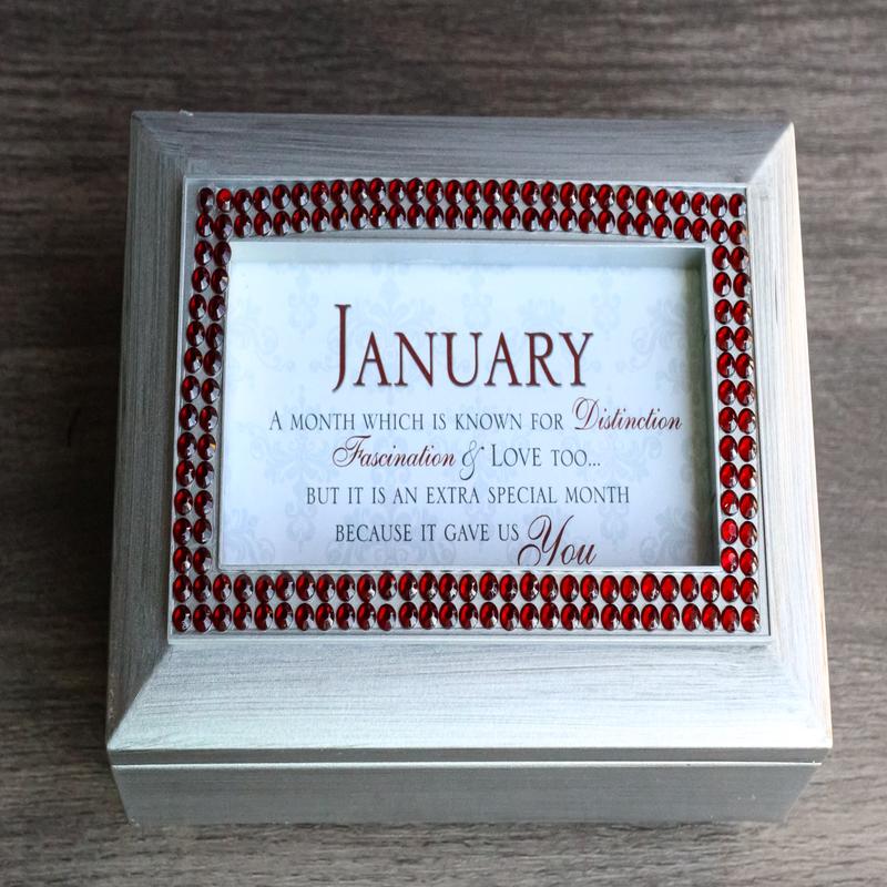 January Birthday Month Red Garnet Birthstones Silver Tone Musical Trinket Box
