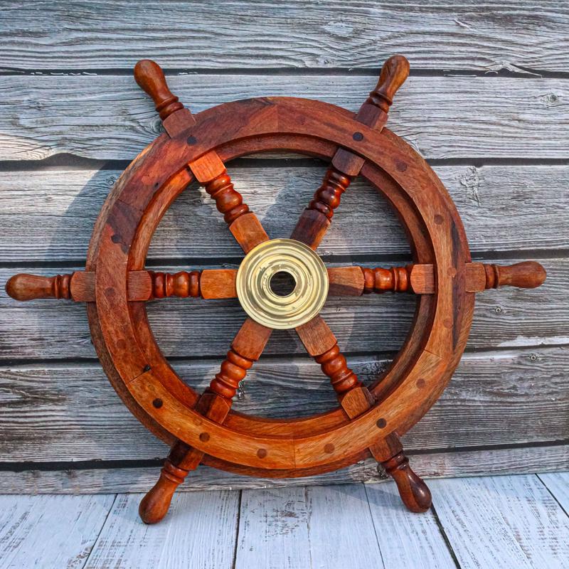 Nautical Marine Vintage Hardwood Wood & Brass Ship Steering Helm Boat Wheel 18"D