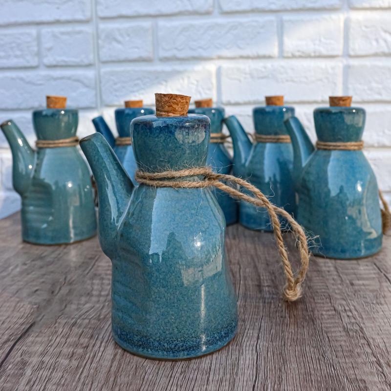 Pack of 6 Porcelain Cool Blue Soy Sauce Vinegar Condiment Dispenser Flask 7oz