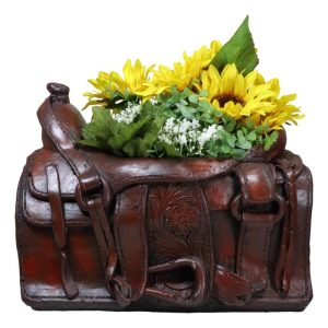 Rustic Western Faux Leather Cowboy Horse Saddle Decorative Planter Or Vase Decor
