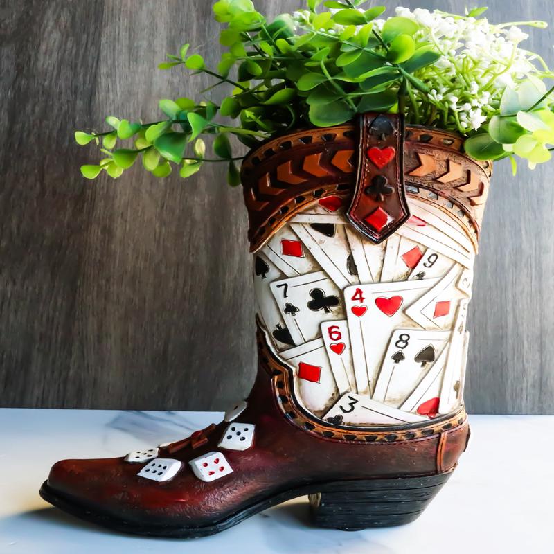 Rustic Western Gambler Casino Poker Cards Dice Cowboy Boot Vase Planter Figurine