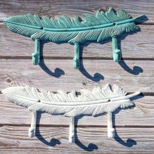 Set of 2 Green White Native Indian Dreamcatcher Feathers 3-Pegs Triple Wall Hook