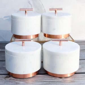 Set Of 4 Marble And Copper Hardware Round Canister Container Storage Jars W/ Lid