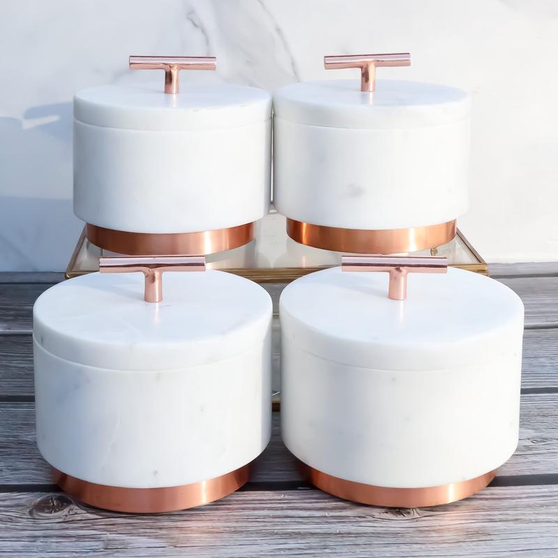 Set Of 4 Marble And Copper Hardware Round Canister Container Storage Jars W/ Lid