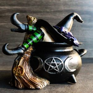 Sleeping Witch with Hat and Broomstick in Triple Moon Fire Cauldron Figurine