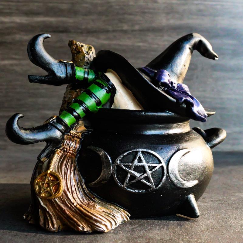 Sleeping Witch with Hat and Broomstick in Triple Moon Fire Cauldron Figurine