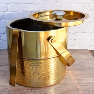 Stainless Steel Brass Ribbed Ice Bucket Container With Lid Handle Ice Pick Tongs