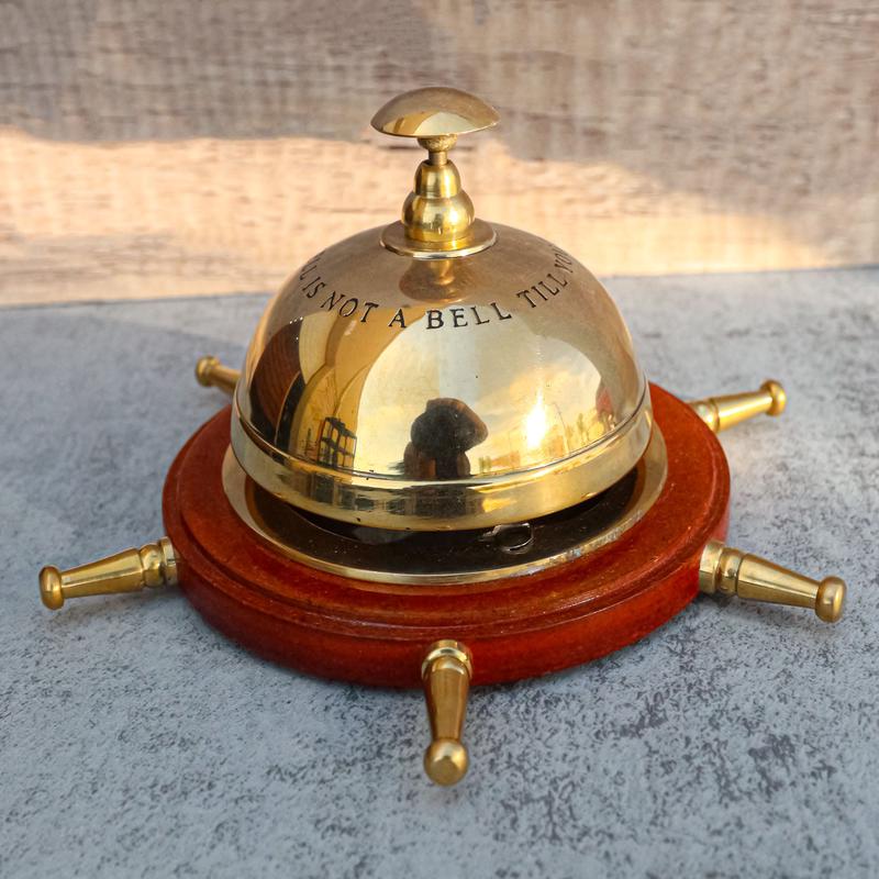 Vintage Brass Nautical Rudder Helm Wheel Paperweight Desk Counter Call Bell 6"D
