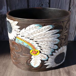 Western American Indian Chief Headdress Eagle Feathers Waste Basket Trash Bin