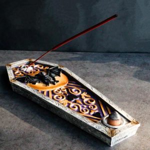 Wicca Mystical Black Bat Skull Full Moon Vampire Coffin Incense Burner Figurine