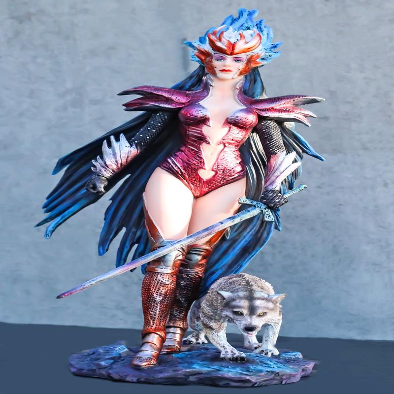 Blue Fire Of Ring Wolf Witch Heroine Warrior Champion With Long Sword Statue