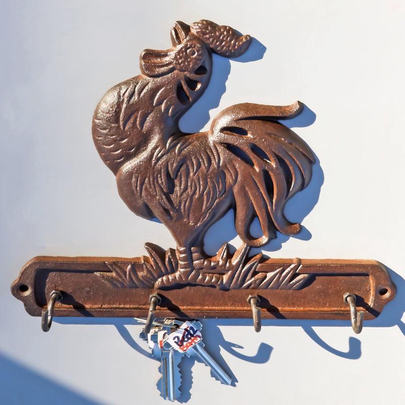 Cast Iron Rustic Farm Barn Crowing Rooster Chicken 4 Peg Quadruple Wall Hooks