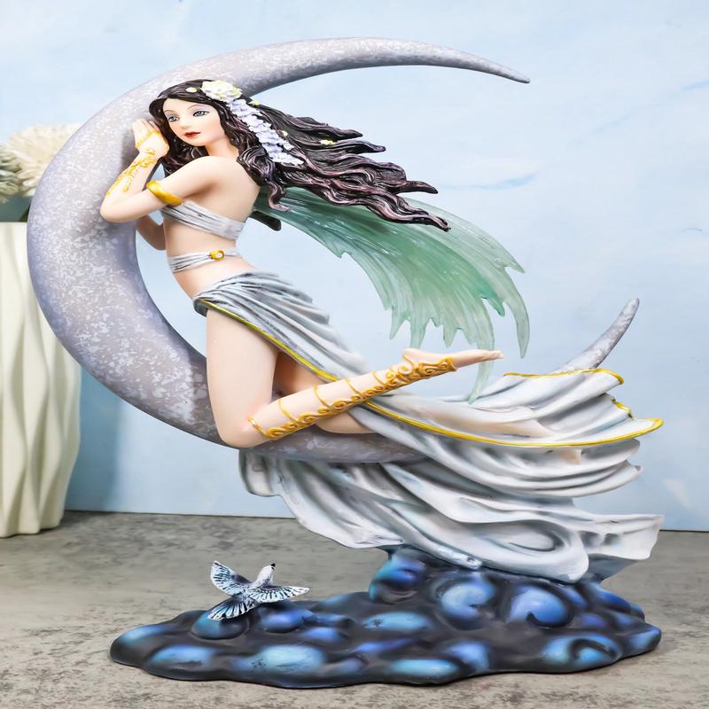 Celestial Dream Voyage Crescent Moon Lullaby Fairy Floating On Clouds Statue