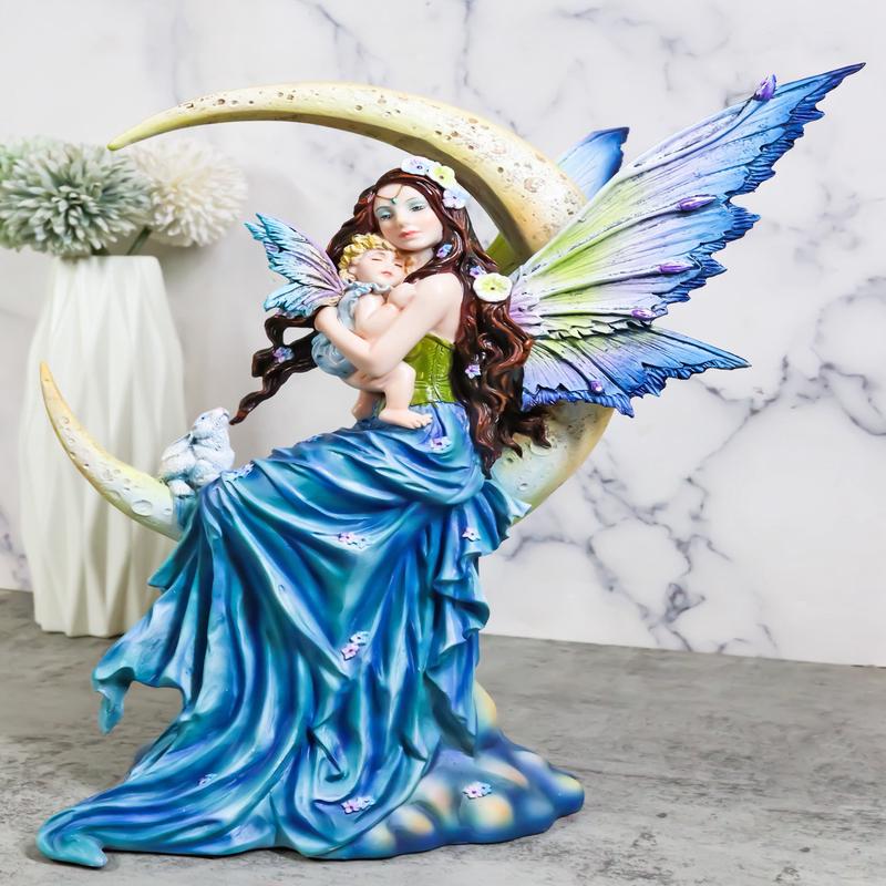 Crescent Moon Lullaby Mother Fairy in Blue Gown Embracing Her Child Baby Statue