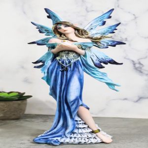 Enchanted Lady Damsel Fairy in Blue Corset Gown Holding Little Bird Figurine