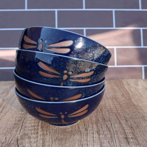Made In Japan Auspicious Dragonfly Blue Rice Soup Dessert 8oz Bowls Set of 4