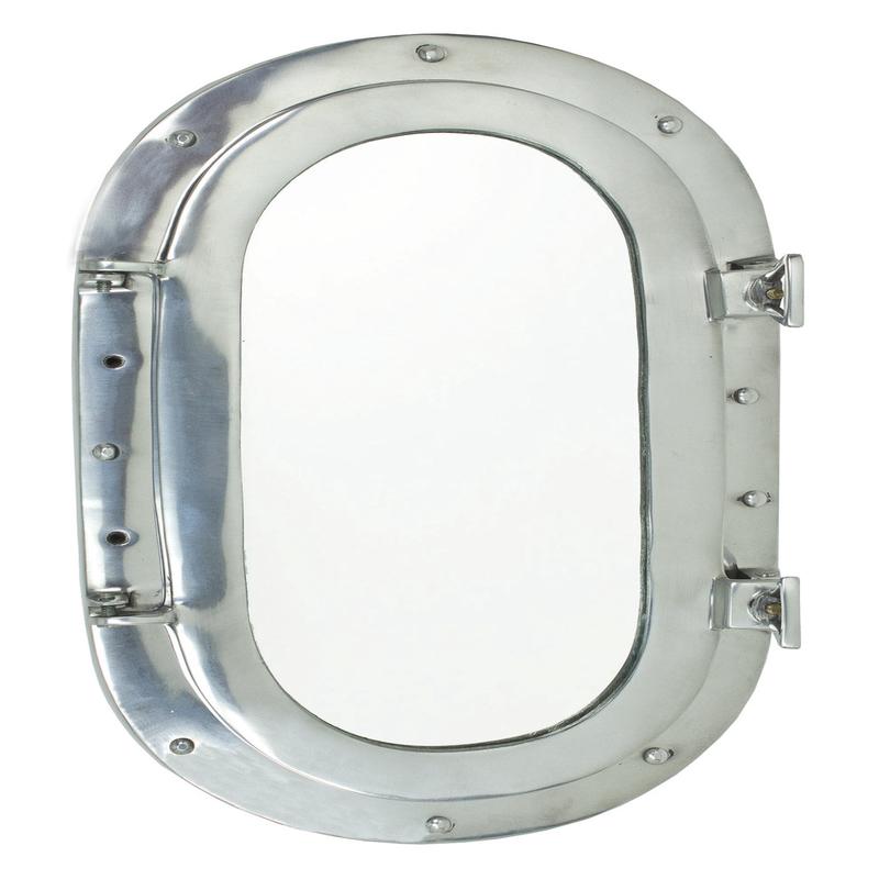 Polished Aluminum Nautical Marine Oval Ship Porthole Folding Wall Mirror 19"L