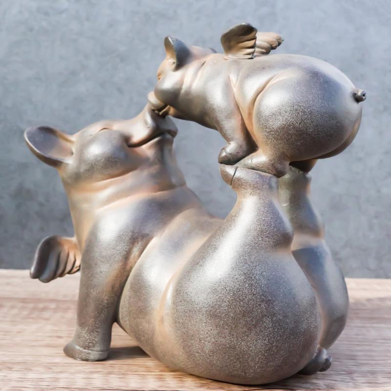 Rustic Hog Heavens Angel Wings Mother Pig Snout Kissing Baby Piglet Figurine