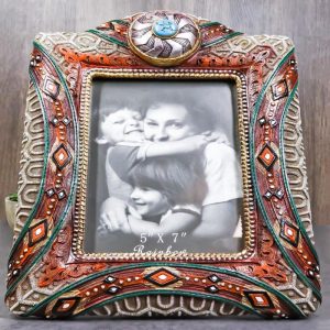 Rustic Southwest Silver Concho Turquoise Gem Tribal Patterns Picture Frame 5"X7"