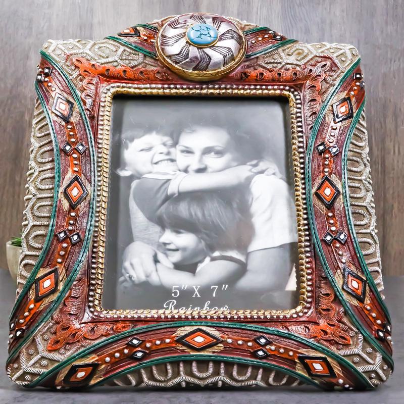 Rustic Southwest Silver Concho Turquoise Gem Tribal Patterns Picture Frame 5"X7"