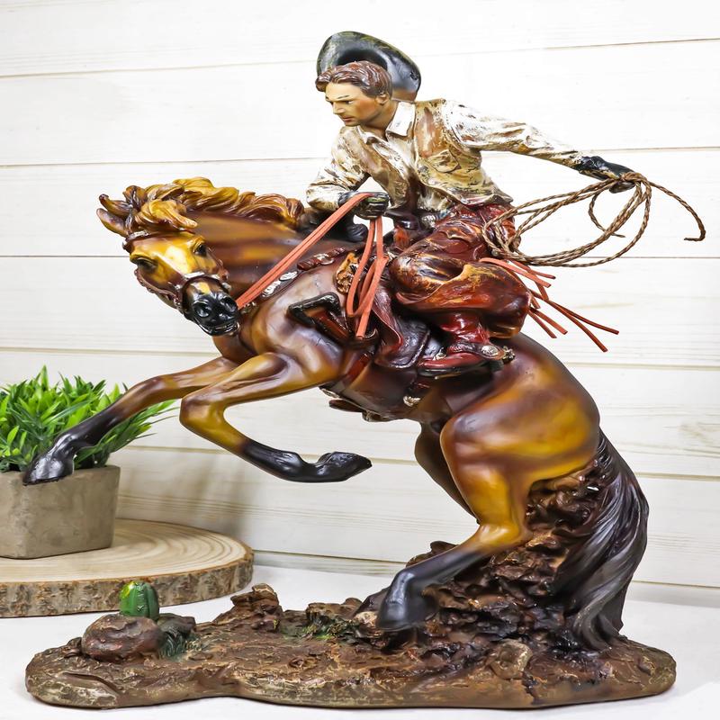 Rustic Western Cowboy With Hat And Rope On Rearing Bronco Horse Rodeo Figurine