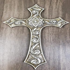 Rustic Western Silver Concho With Ornate Shell Pattern Wall Cross Decor Plaque
