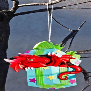 Ruth Thompson Red Dragon In Wrapped Gift Box Christmas Tree Hanging Ornament