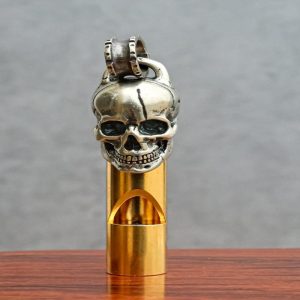 Solid Brass And Steel Ghost Skull Head Death Whistle With Key Chain Ring