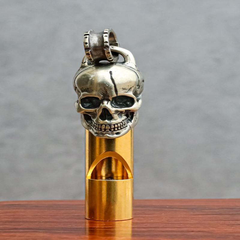 Solid Brass And Steel Ghost Skull Head Death Whistle With Key Chain Ring