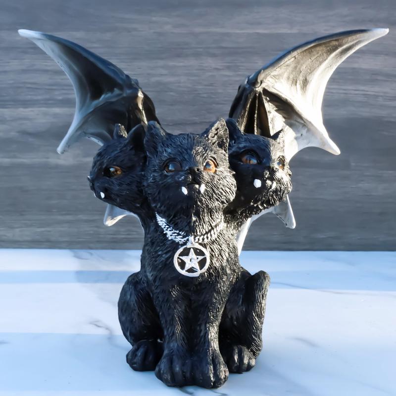 Wicca Three Headed Hydra Black Cat With Wings And Pentagram Necklace Figurine