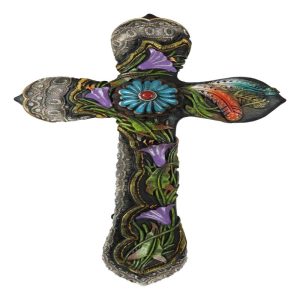 Colorful Floral Blooms And Vines With Southwestern Feathers Wall Cross Plaque