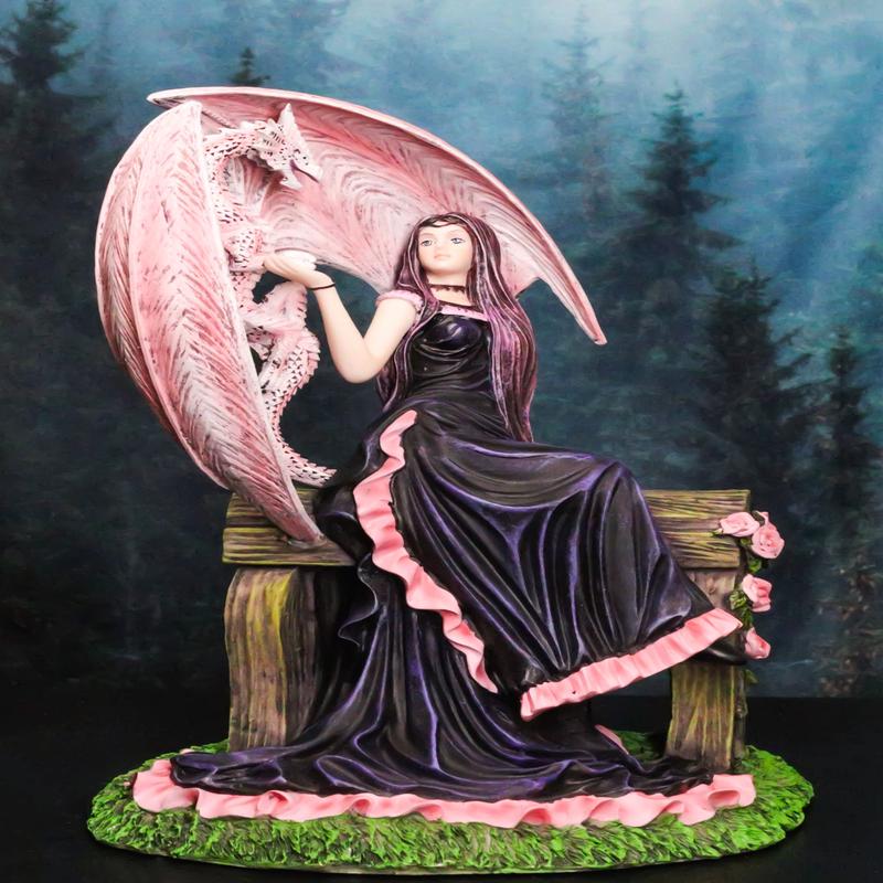 Elegant Pink Wyvern Dragon with Rose Fairy in Black Gown Sitting On Bench Statue