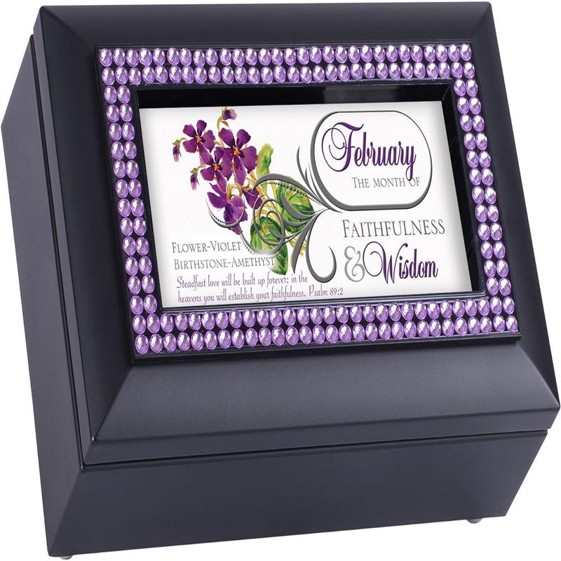 February Amethyst Birthstone Faithfulness And Wisdom Black Musical Trinket Box