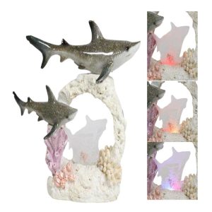 Great White Shark Family Swimming By Sea Coral Reef With 3D LED Light Figurine
