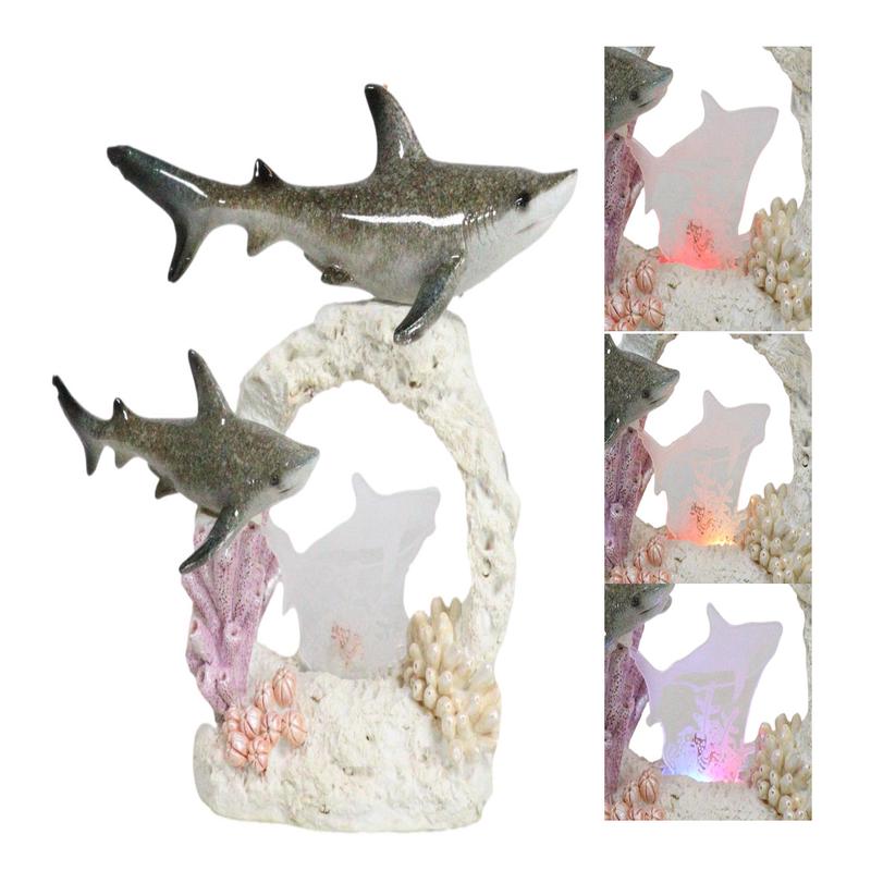 Great White Shark Family Swimming By Sea Coral Reef With 3D LED Light Figurine