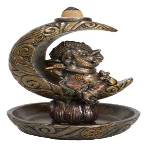 Hindu God Baby Ganesha Playing Flute On Crescent Moon Backflow Incense Burner